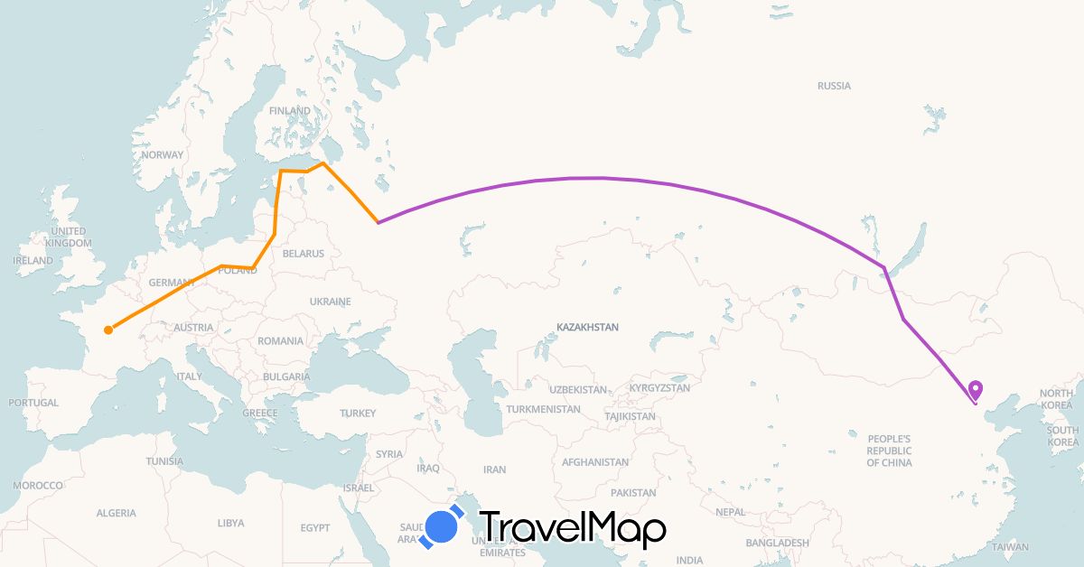 TravelMap itinerary: driving, train, hitchhiking in China, Germany, Estonia, France, Lithuania, Latvia, Mongolia, Poland, Russia (Asia, Europe)